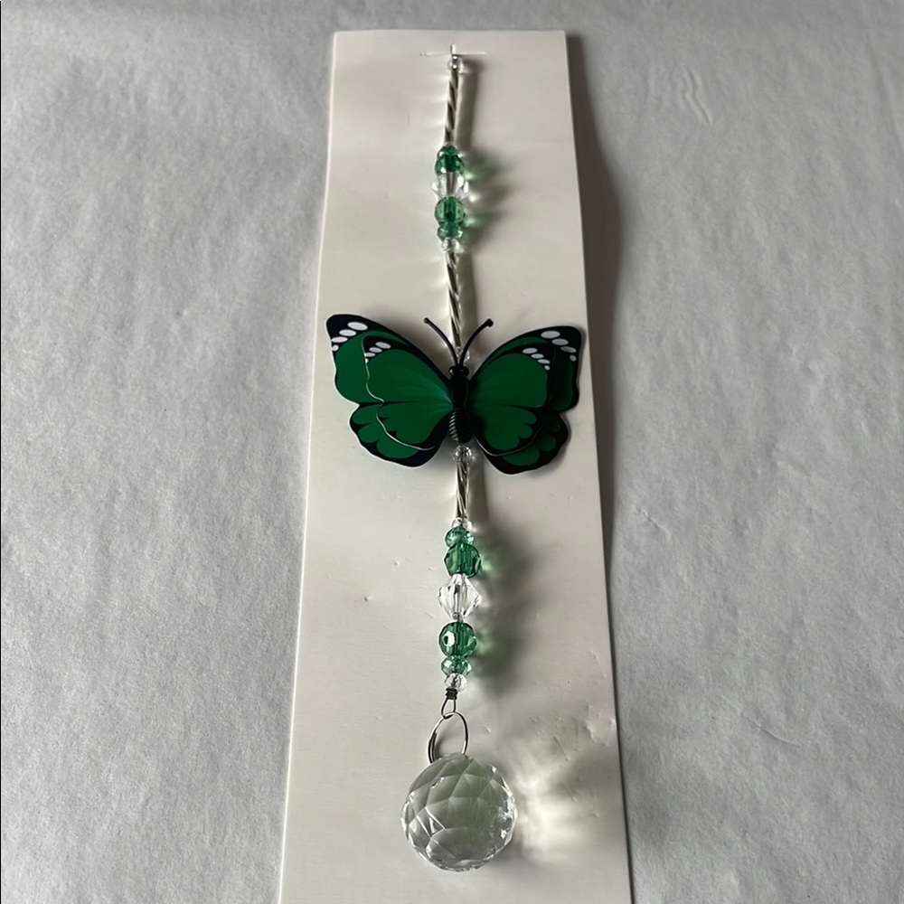 Green and Black Butterfly suncatcher with Crystal Pendant may birthstone
